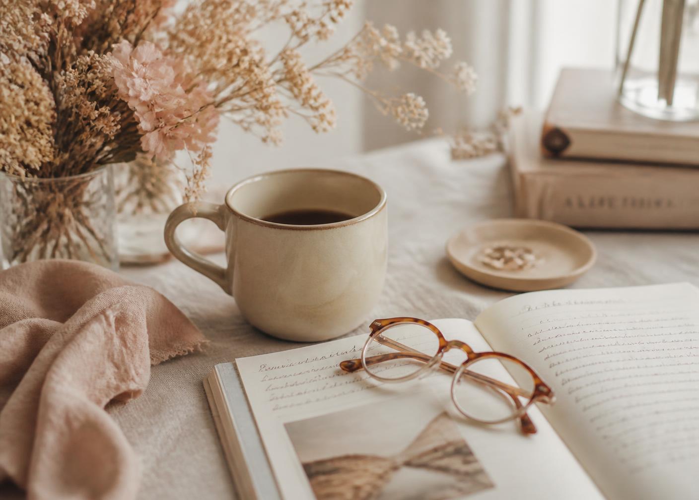 A warm cup of coffee beside an open journal in morning light